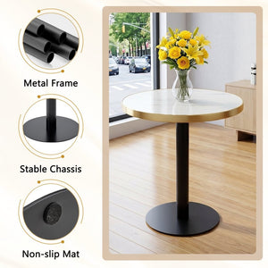 English Elm 23.6 Inch Round Marble Faux Finish Bistro Table with Stainless Steel Edge Metal Base White+Black W1151P445194
