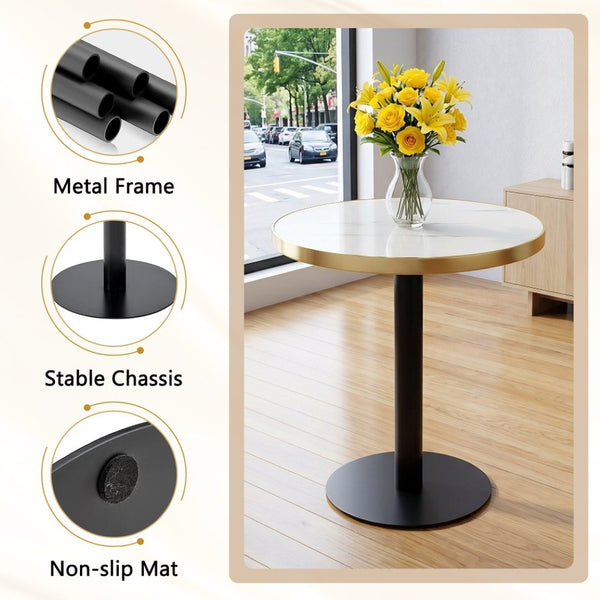 English Elm 23.6 Inch Round Marble Faux Finish Bistro Table with Stainless Steel Edge Metal Base White+Black W1151P445194
