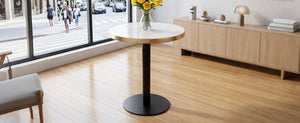 English Elm 23.6 Inch Round Marble Faux Finish Bistro Table with Stainless Steel Edge Metal Base White+Black W1151P445194
