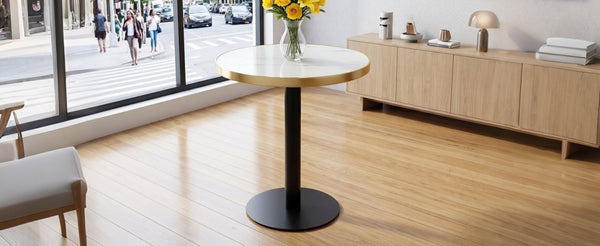English Elm 23.6 Inch Round Marble Faux Finish Bistro Table with Stainless Steel Edge Metal Base White+Black W1151P445194