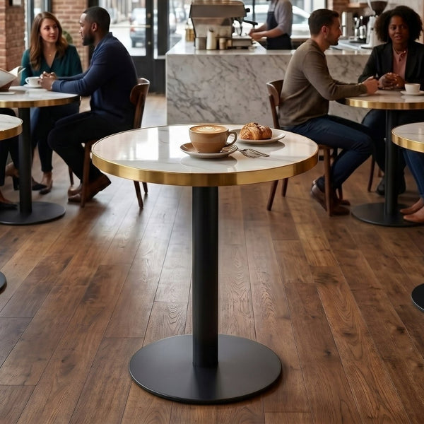 English Elm 23.6 Inch Round Marble Faux Finish Bistro Table with Stainless Steel Edge Metal Base White+Black W1151P445194
