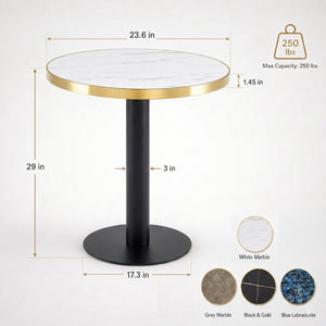 English Elm 23.6 Inch Round Marble Faux Finish Bistro Table with Stainless Steel Edge Metal Base White+Black W1151P445194