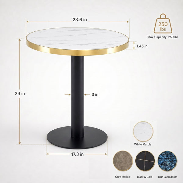 English Elm 23.6 Inch Round Marble Faux Finish Bistro Table with Stainless Steel Edge Metal Base White+Black W1151P445194