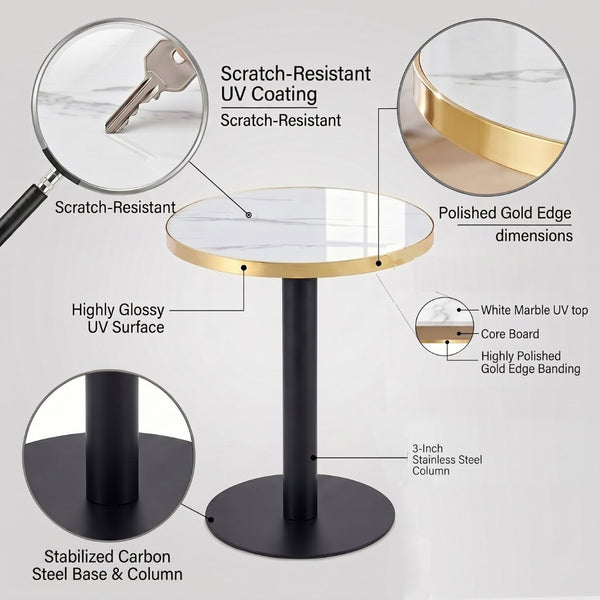 English Elm 23.6 Inch Round Marble Faux Finish Bistro Table with Stainless Steel Edge Metal Base White+Black W1151P445194