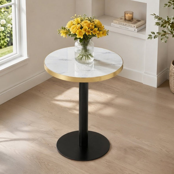English Elm 23.6 Inch Round Marble Faux Finish Bistro Table with Stainless Steel Edge Metal Base White+Black W1151P445194