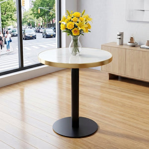 English Elm 23.6 Inch Round Marble Faux Finish Bistro Table with Stainless Steel Edge Metal Base White+Black W1151P445194