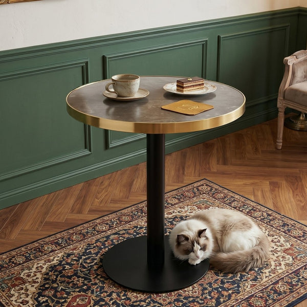 English Elm 23.6 Inch Round Marble Faux Finish Bistro Table with Stainless Steel Edge Metal Base Grey W1151P445195