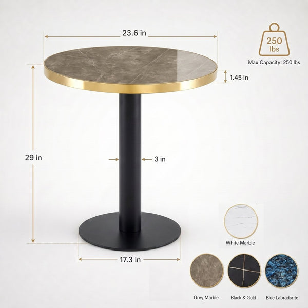 English Elm 23.6 Inch Round Marble Faux Finish Bistro Table with Stainless Steel Edge Metal Base Grey W1151P445195