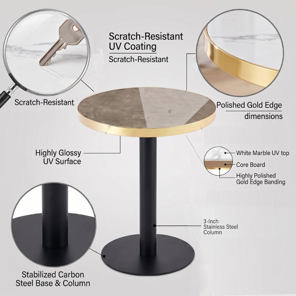 English Elm 23.6 Inch Round Marble Faux Finish Bistro Table with Stainless Steel Edge Metal Base Grey W1151P445195