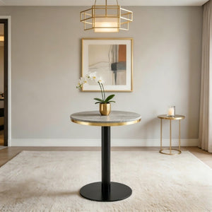 English Elm 23.6 Inch Round Marble Faux Finish Bistro Table with Stainless Steel Edge Metal Base Grey W1151P445195
