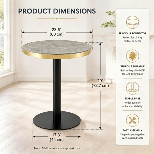English Elm 23.6 Inch Round Marble Faux Finish Bistro Table with Stainless Steel Edge Metal Base Grey W1151P445195