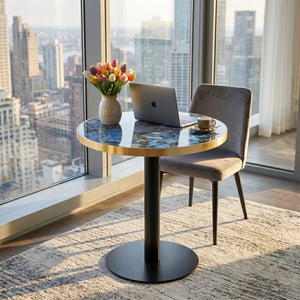 English Elm 23.6 Inch Round Faux Marble Bistro Table with Stainless Steel Edge and Metal Base Blue W1151P445196