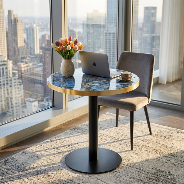English Elm 23.6 Inch Round Faux Marble Bistro Table with Stainless Steel Edge and Metal Base Blue W1151P445196