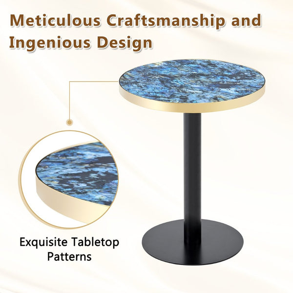 English Elm 23.6 Inch Round Faux Marble Bistro Table with Stainless Steel Edge and Metal Base Blue W1151P445196