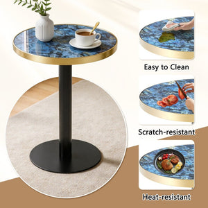 English Elm 23.6 Inch Round Faux Marble Bistro Table with Stainless Steel Edge and Metal Base Blue W1151P445196