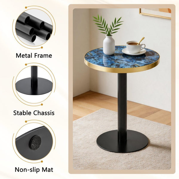 English Elm 23.6 Inch Round Faux Marble Bistro Table with Stainless Steel Edge and Metal Base Blue W1151P445196