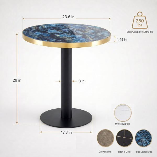 English Elm 23.6 Inch Round Faux Marble Bistro Table with Stainless Steel Edge and Metal Base Blue W1151P445196