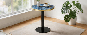 English Elm 23.6 Inch Round Faux Marble Bistro Table with Stainless Steel Edge and Metal Base Blue W1151P445196