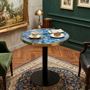 English Elm 23.6 Inch Round Faux Marble Bistro Table with Stainless Steel Edge and Metal Base Blue W1151P445196