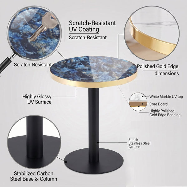 English Elm 23.6 Inch Round Faux Marble Bistro Table with Stainless Steel Edge and Metal Base Blue W1151P445196