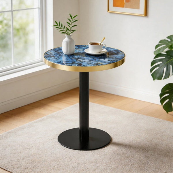 English Elm 23.6 Inch Round Faux Marble Bistro Table with Stainless Steel Edge and Metal Base Blue W1151P445196