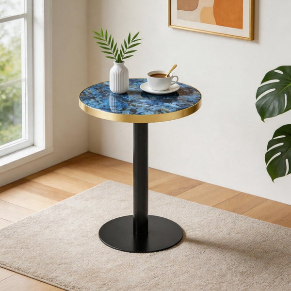 English Elm 23.6 Inch Round Faux Marble Bistro Table with Stainless Steel Edge and Metal Base Blue W1151P445196