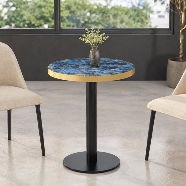 English Elm 23.6 Inch Round Faux Marble Bistro Table with Stainless Steel Edge and Metal Base Blue W1151P445196
