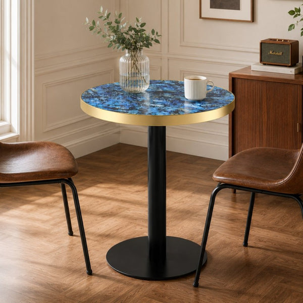 English Elm 23.6 Inch Round Faux Marble Bistro Table with Stainless Steel Edge and Metal Base Blue W1151P445196