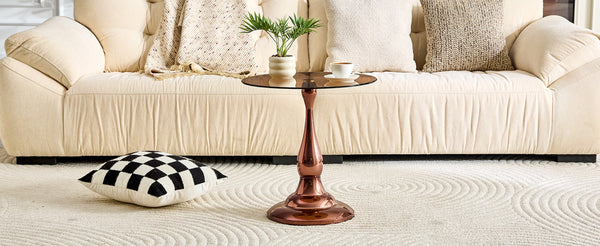 English Elm Small Round Glass Top Accent Table with Vase Base for Bedside or Living Room Decor Rose Gold W1151P447637