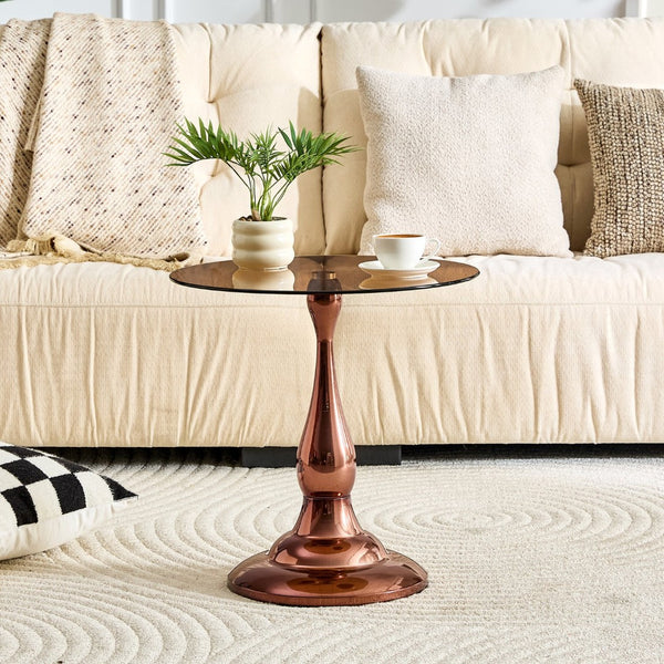 English Elm Small Round Glass Top Accent Table with Vase Base for Bedside or Living Room Decor Rose Gold W1151P447637