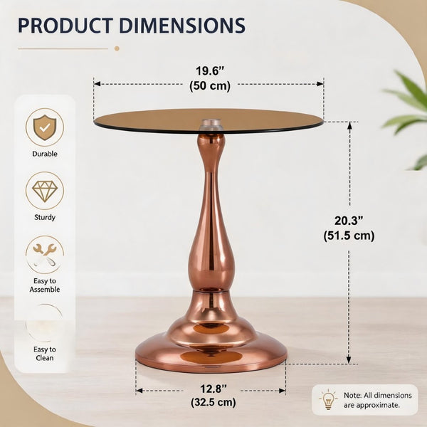 English Elm Small Round Glass Top Accent Table with Vase Base for Bedside or Living Room Decor Rose Gold W1151P447637