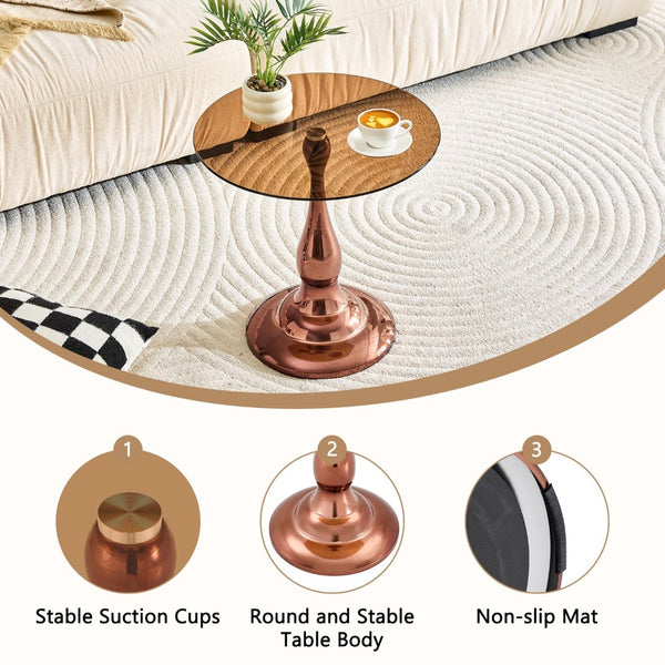 English Elm Small Round Glass Top Accent Table with Vase Base for Bedside or Living Room Decor Rose Gold W1151P447637