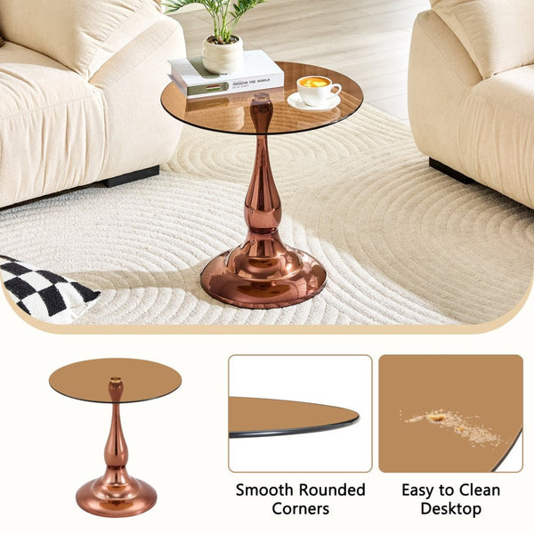 English Elm Small Round Glass Top Accent Table with Vase Base for Bedside or Living Room Decor Rose Gold W1151P447637