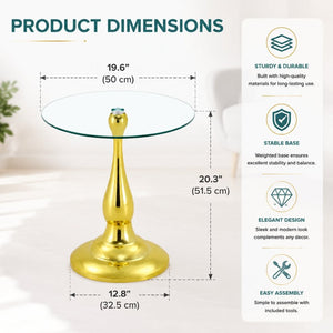 English Elm Small Round Glass Top Accent Table with Vase Base for Bedside or Living Room Decor Gold W1151P447638