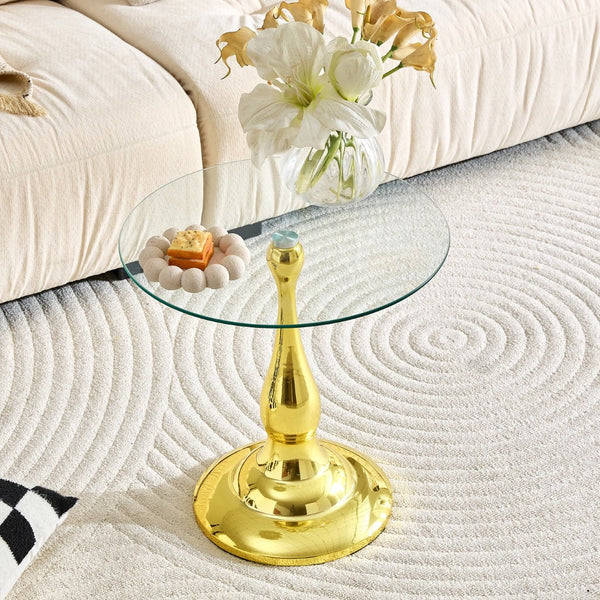 English Elm Small Round Glass Top Accent Table with Vase Base for Bedside or Living Room Decor Gold W1151P447638