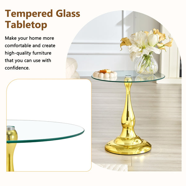 English Elm Small Round Glass Top Accent Table with Vase Base for Bedside or Living Room Decor Gold W1151P447638