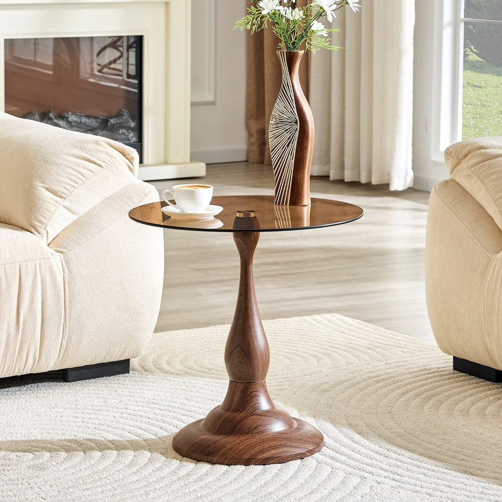 English Elm Small Round Glass Top Accent Table with Vase Base for Bedside or Living Room Decor Walnut W1151P447639