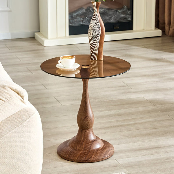 English Elm Small Round Glass Top Accent Table with Vase Base for Bedside or Living Room Decor Walnut W1151P447639