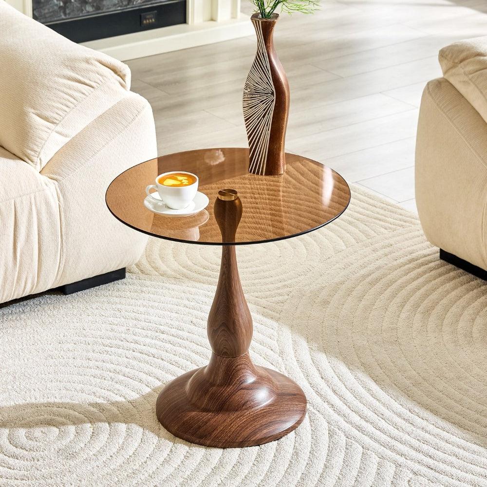 English Elm Small Round Glass Top Accent Table with Vase Base for Bedside or Living Room Decor Walnut W1151P447639