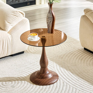 English Elm Small Round Glass Top Accent Table with Vase Base for Bedside or Living Room Decor Walnut W1151P447639