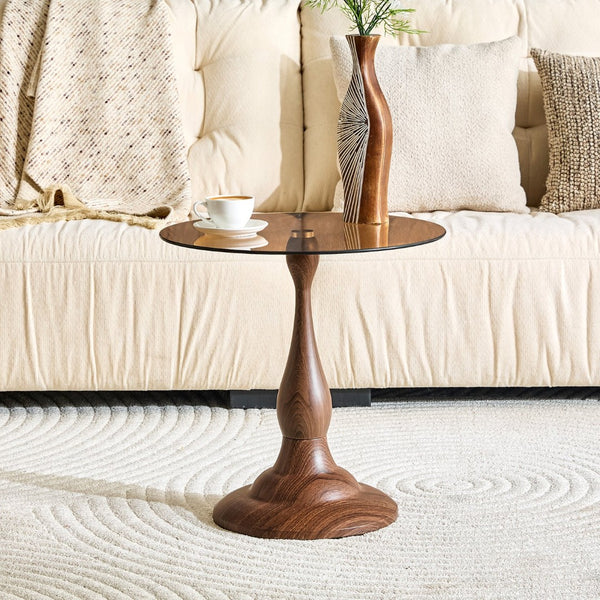 English Elm Small Round Glass Top Accent Table with Vase Base for Bedside or Living Room Decor Walnut W1151P447639