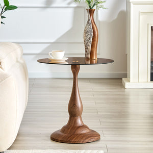 English Elm Small Round Glass Top Accent Table with Vase Base for Bedside or Living Room Decor Walnut W1151P447639
