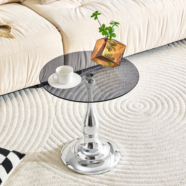 English Elm Small Round Glass Top Accent Table with Vase Base for Bedside or Living Room Decor Silver W1151P447640