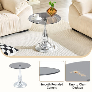 English Elm Small Round Glass Top Accent Table with Vase Base for Bedside or Living Room Decor Silver W1151P447640