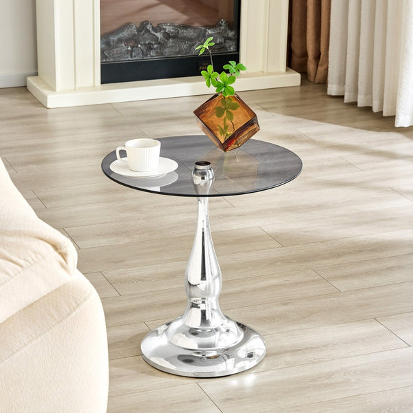 English Elm Small Round Glass Top Accent Table with Vase Base for Bedside or Living Room Decor Silver W1151P447640