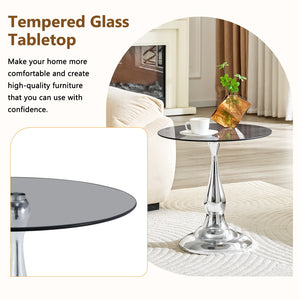 English Elm Small Round Glass Top Accent Table with Vase Base for Bedside or Living Room Decor Silver W1151P447640