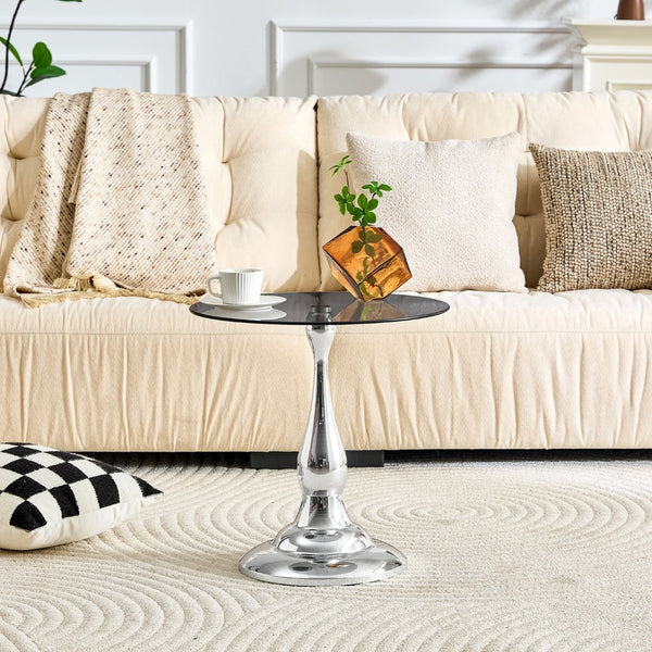 English Elm Small Round Glass Top Accent Table with Vase Base for Bedside or Living Room Decor Silver W1151P447640