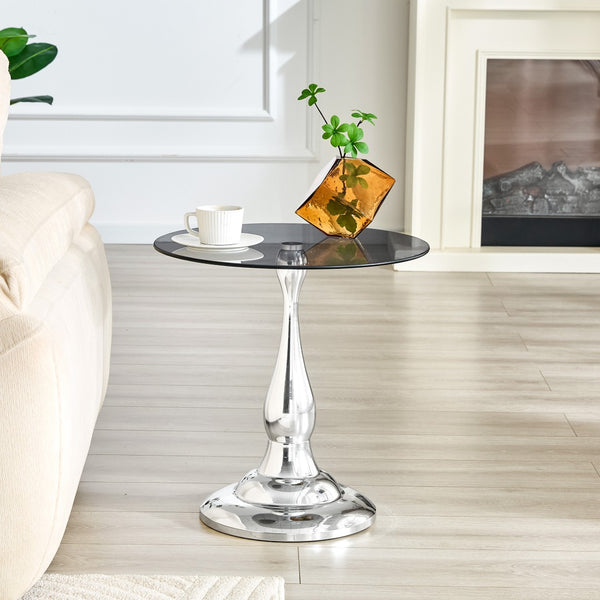 English Elm Small Round Glass Top Accent Table with Vase Base for Bedside or Living Room Decor Silver W1151P447640