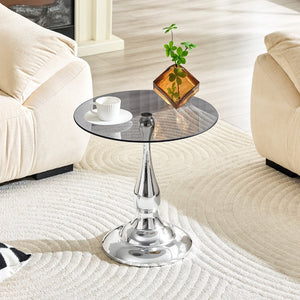 English Elm Small Round Glass Top Accent Table with Vase Base for Bedside or Living Room Decor Silver W1151P447640