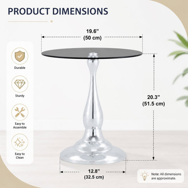 English Elm Small Round Glass Top Accent Table with Vase Base for Bedside or Living Room Decor Silver W1151P447640